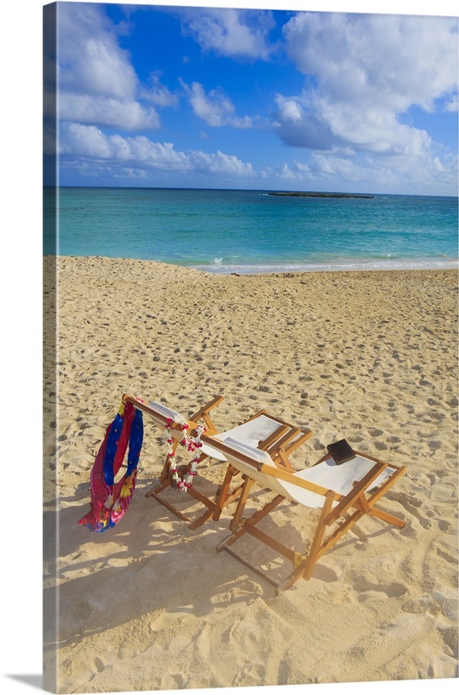 Hawaii Oahu Kailua Two Lounge Chairs On The White Sandy Beach Of Lanikai