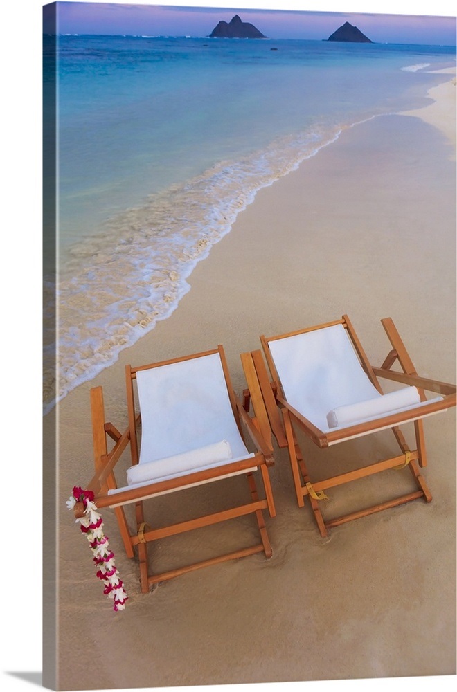 Hawaii Oahu Kailua Two Lounge Chairs On The White Sandy Beach Of Lanikai