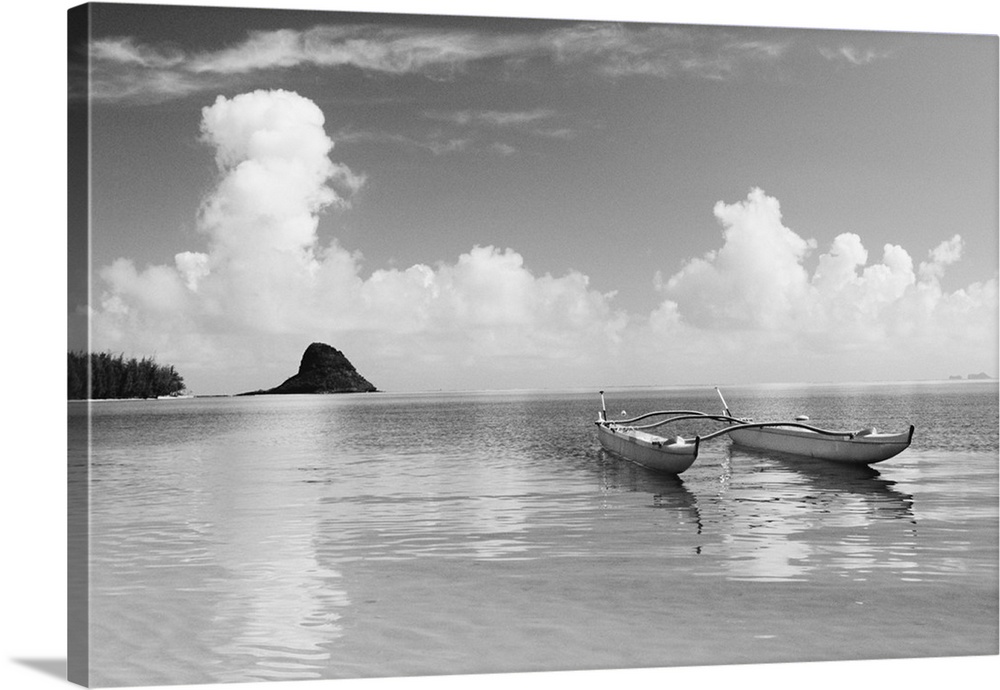 Hawaii, Oahu, Kaneohe Bay, Double Hull Canoe In Calm Water