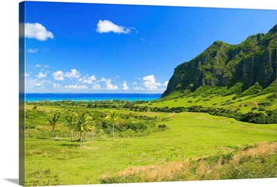 Hawaii, Oahu, Kualoa Ranch, Mountains And Ocean In Distance
