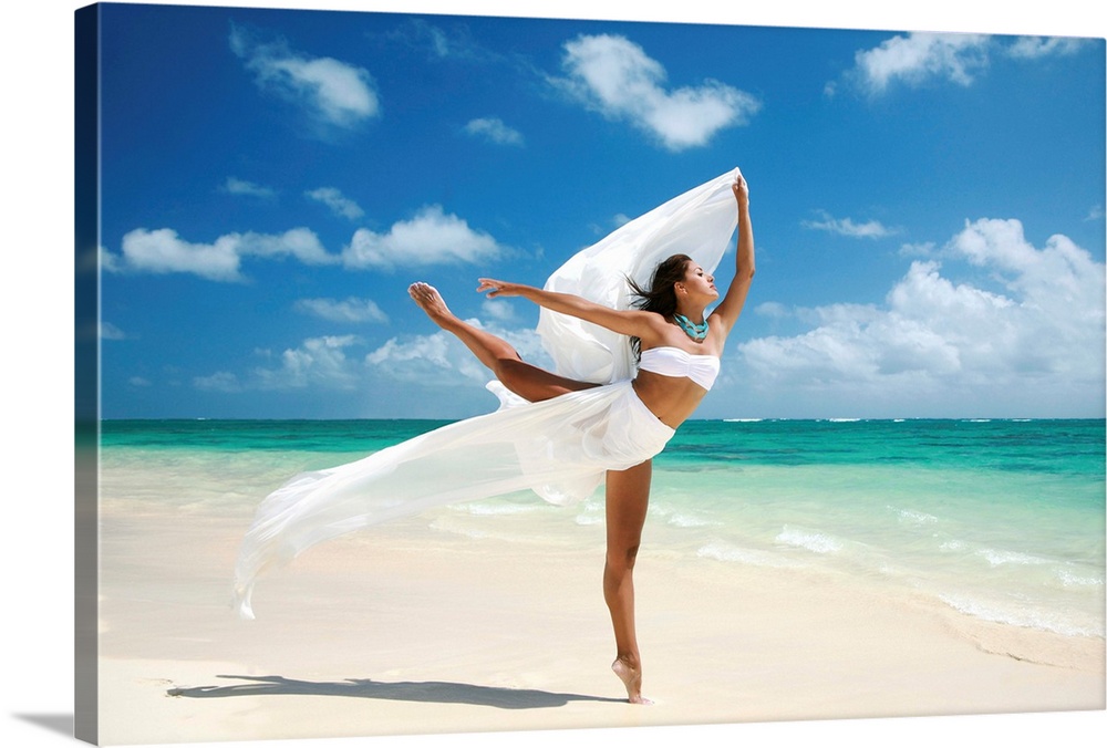 Hawaii, Oahu, Lanikai Beach, Female Ballet Dancer On Beach With White Flowing Fabric