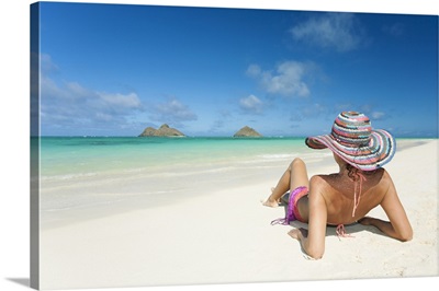 Hawaii, Oahu, Lanikai Beach, Woman Relaxing Along Sandy Shore
