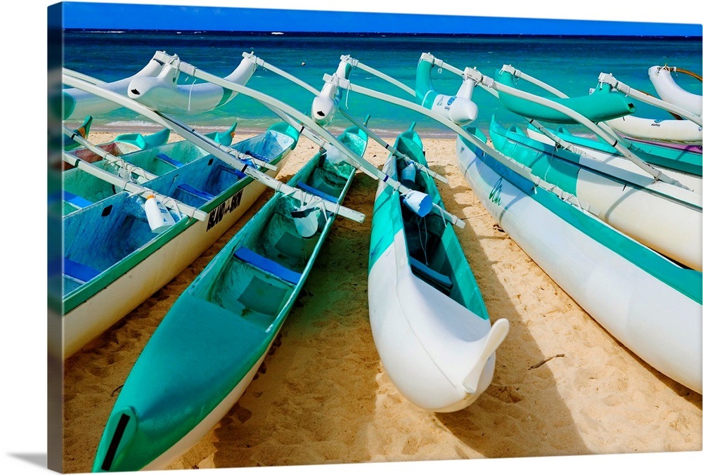 Hawaii, Oahu, Lanikai, Outrigger Canoes Stacked Along The Beach Wall ...