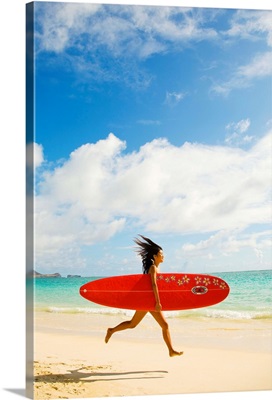 Hawaii, Oahu, Lanikai, Young Woman Running On Beach With Surfboard