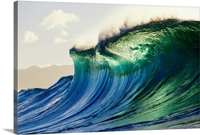 Hawaii, Oahu, North Shore; Large Green Blue Wave About To Curl, Mountains In Background