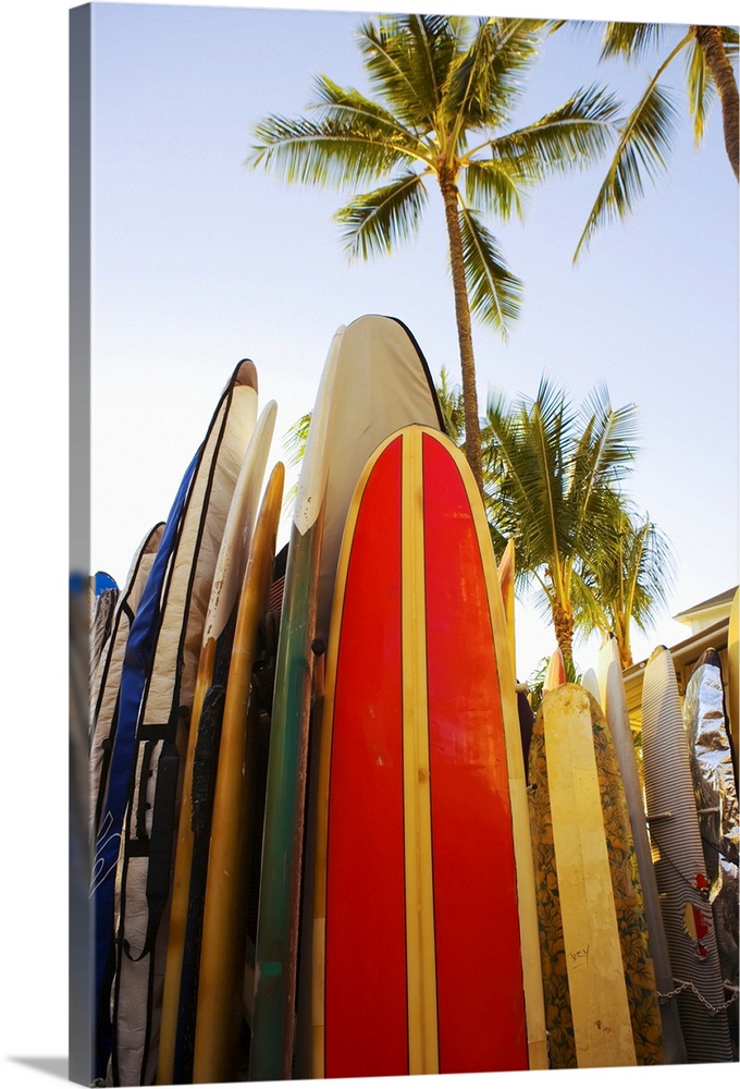Hawaii, Oahu, Waikiki,Colorful Surfboards in Surfboard Rack On Waikiki Beach | Large Canvas Art Print | Great Big Canvas