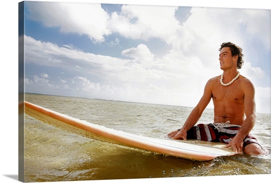 Hawaii Oahu Young Man Sitting On His Surfboard At The