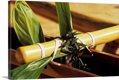Hawaii, Outrigger Canoe , Detail Of Ti Leaf And Leis Wrapped Around Aku And Fastening