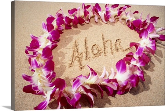 Hawaii, Purple Orchid Lei On Beach, Aloha Written In Sand Photo Canvas ...