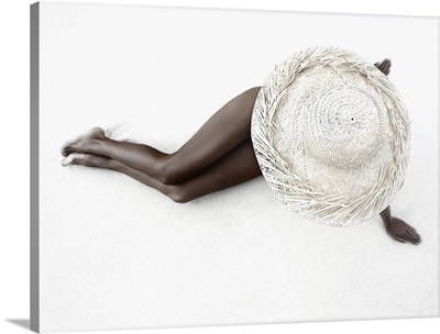 Hawaii, Woman Lays On The Sand With Wide Brim Straw Hat