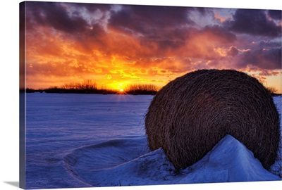 Hay Bale On Field With Sunset, Namao, Alberta, Canada