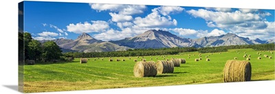 Hay Bales In A Green Field With Mountains, North Of Waterton, Alberta, Canada