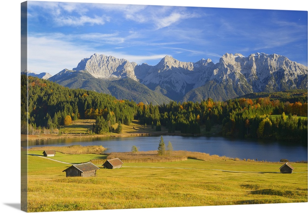 Hay Barns, Lake Geroldsee and Karwendel Mountain Range, near Garmisch-Partenkirchen, Werdenfelser Land, Upper Bavaria, Ger...
