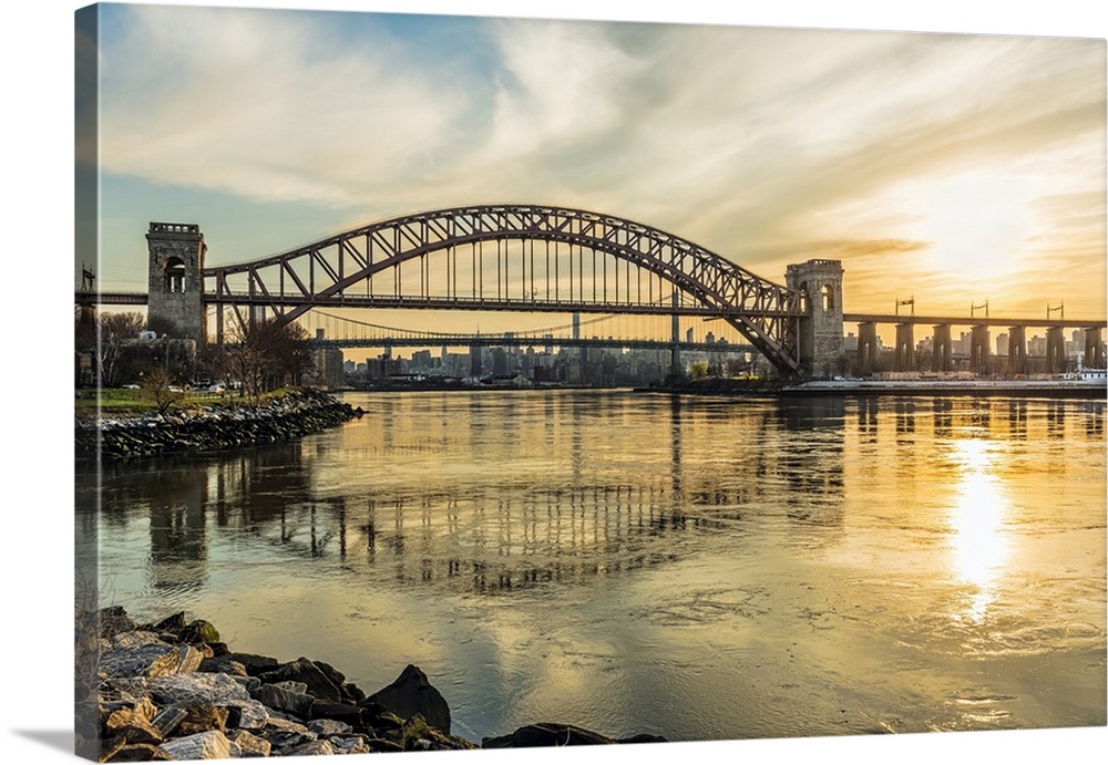 Hell Gate And Rfk Triboro Bridges At Sunset, Ralph Demarco Park; Queens, New York, United States Of America