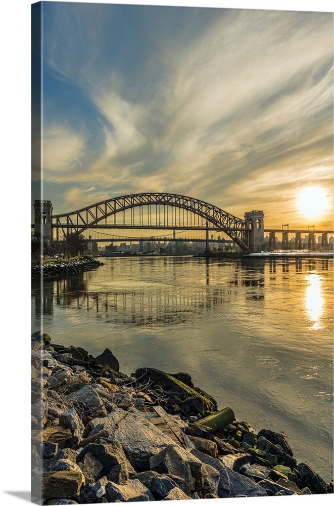 Hell Gate And RFK Triborough Bridges At Sunset, Ralph Demarco Park; Queens, New York, United States Of America
