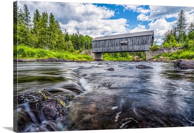 Historic Covered Bridge Over A Shallow Stream, Saint John, New Brunswick, Canada
