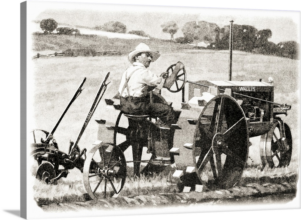 Historic illustration of farmer riding a Wallis tractor from early 20th century