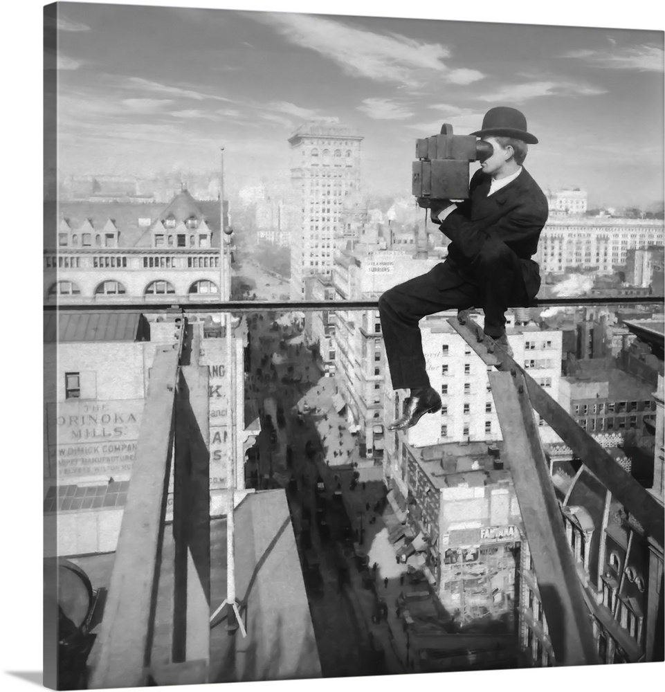 Historic image in black and white of a photographer sitting on a slender girder above fifth avenue in New York City with a...