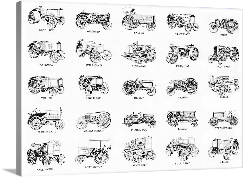 Historic tractor illustrations with labels from early 20th century