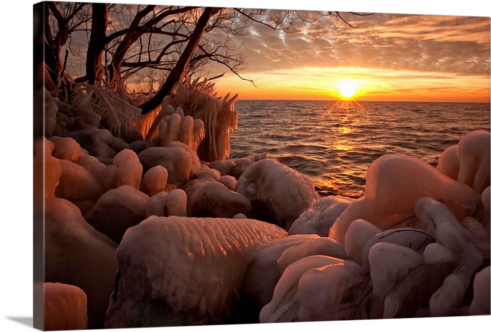 Ice-Covered Trees And Rocks Along The Shore Of Lake Erie, Ontario, Canada