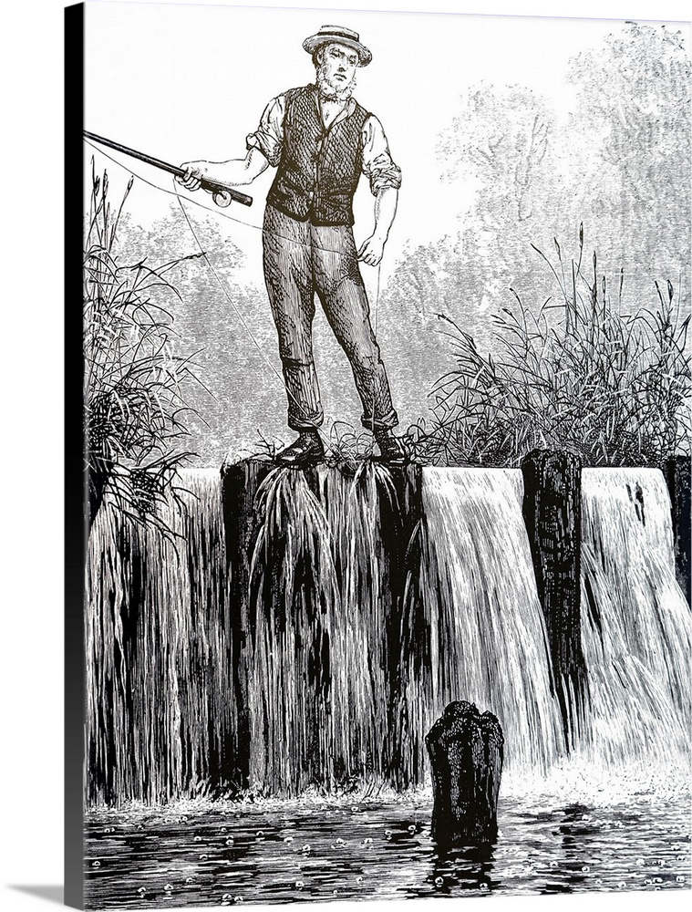 Illustration depicting a fisherman spinning for trout at a weir. Dated 19th century.