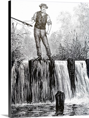 Illustration Depicting A Fisherman Spinning For Trout At A Weir, Dated 19th Century