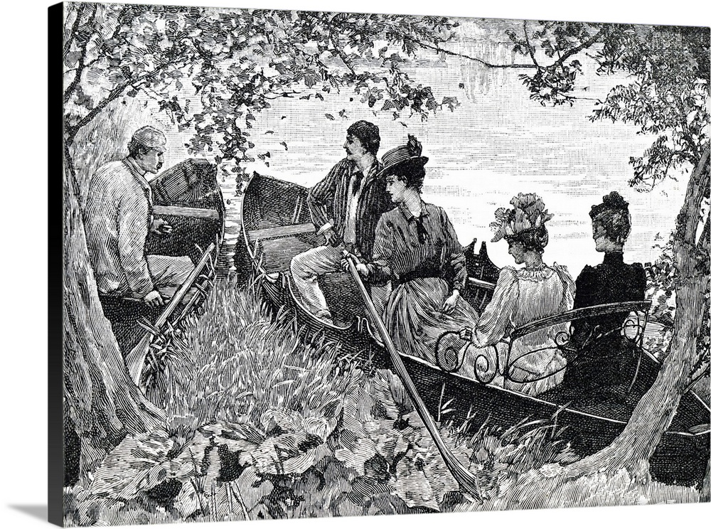 Illustration depicting a group of young couples enjoying a boating trip. Dated 19th century.