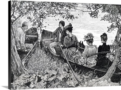 Illustration Depicting A Group Of Young Couples Enjoying A Boating Trip, Dated 19th  C.