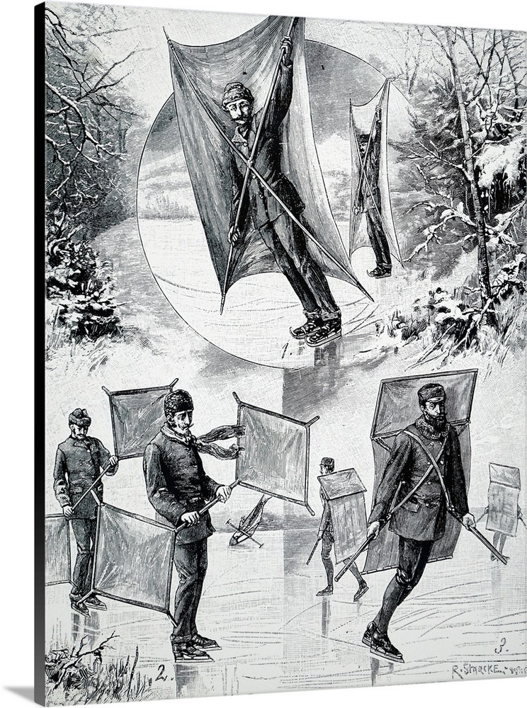 Illustration depicting a man sail skating. Dated 19th century.