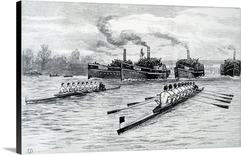 Illustration depicting a scene from Cambridge and Oxford University Boat Race. Dated 19th century.