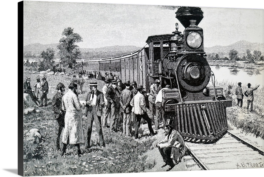 Illustration depicting a steam train which has broken down mid journey. Dated 19th century.