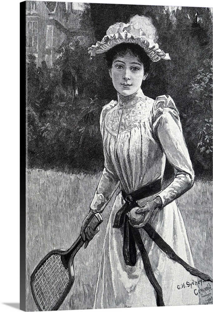 Illustration depicting a woman dressed for a game of tennis. Dated 19th century.