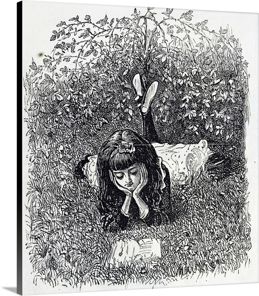 Illustration depicting a young girl reading in the garden. Dated 19th century.