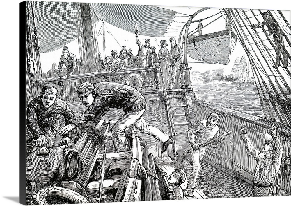 Illustration depicting crewmen playing deck cricket on a liner. Dated 19th century.