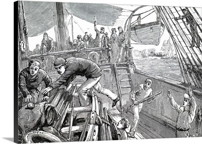 Illustration Depicting Crewmen Playing Deck Cricket On A Liner, Dated 19th Century