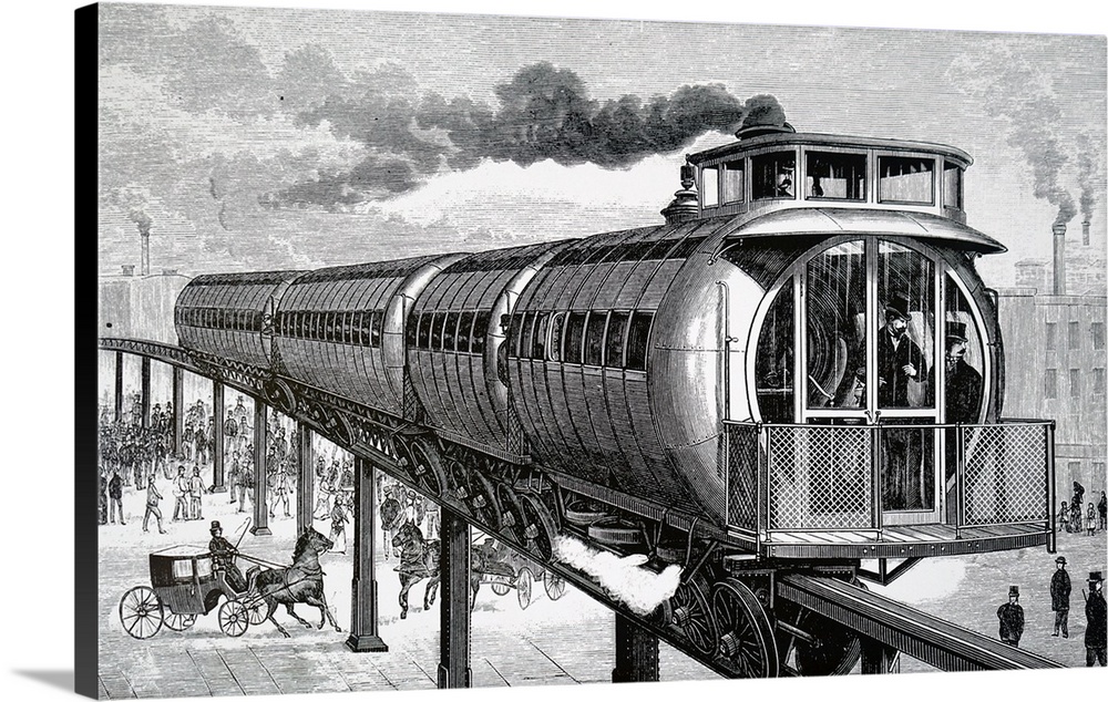 Illustration depicting Henry Meiggs' elevated monorail system, Boston. Henry Meiggs, a promoter/entrepreneur and railroad ...