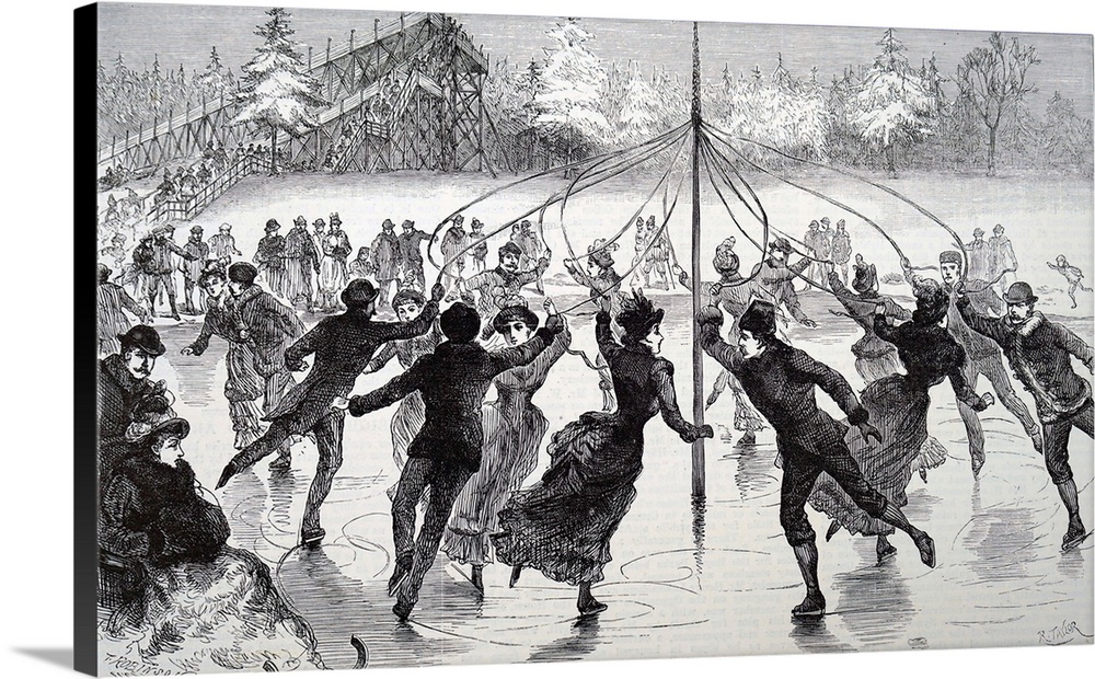 Illustration depicting people skating on a frozen lake. Dated 19th century.