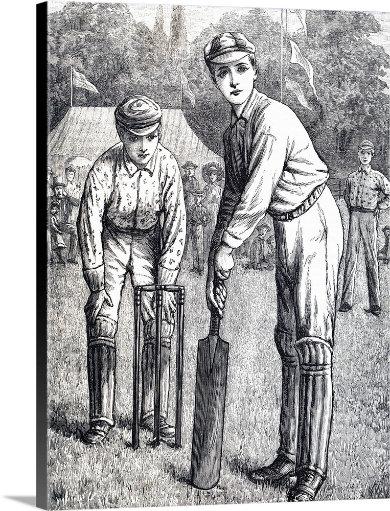 Illustration depicting schoolboys playing cricket at Harrow School. Dated 19th century.