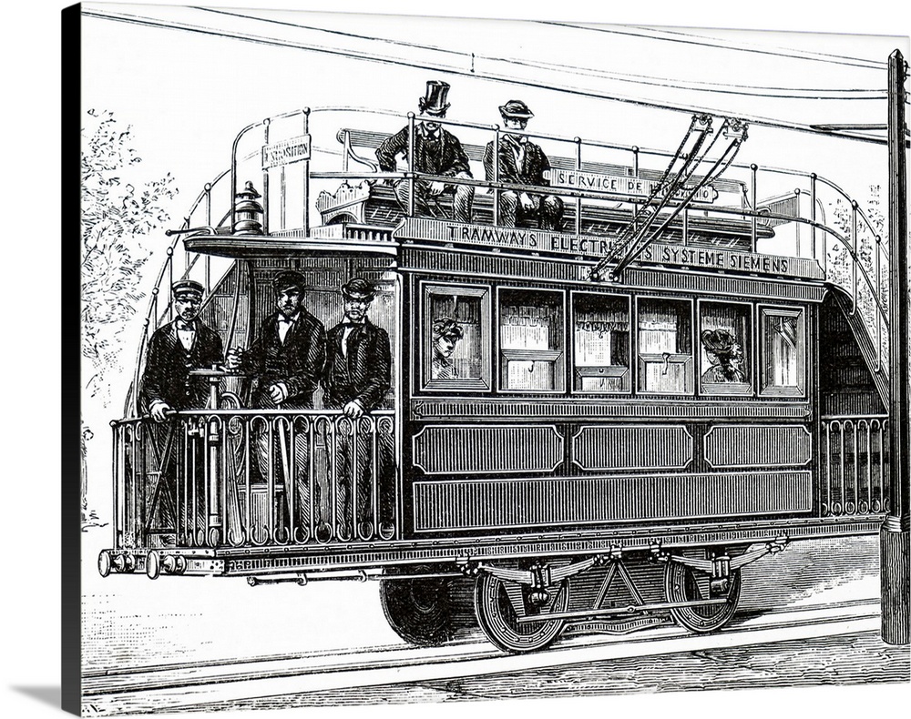 Illustration depicting a Siemen's electric tram at the Paris Electricity Exhibition, 1881. Carl Wilhelm Siemens, a Germanb...