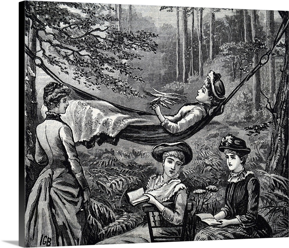 Illustration depicting young ladies relaxing on an August afternoon. Dated 19th century.