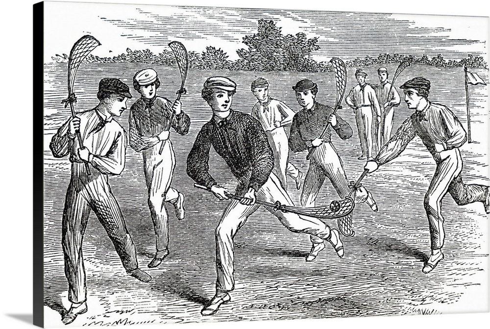 Illustration depicting young men playing lacrosse. Dated 19th century.