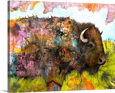 Illustration of a buffalo with colourful splashes and landscape