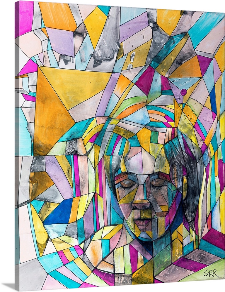 Illustration Of A Female's Face Covered By Colourful Geometric Shapes.