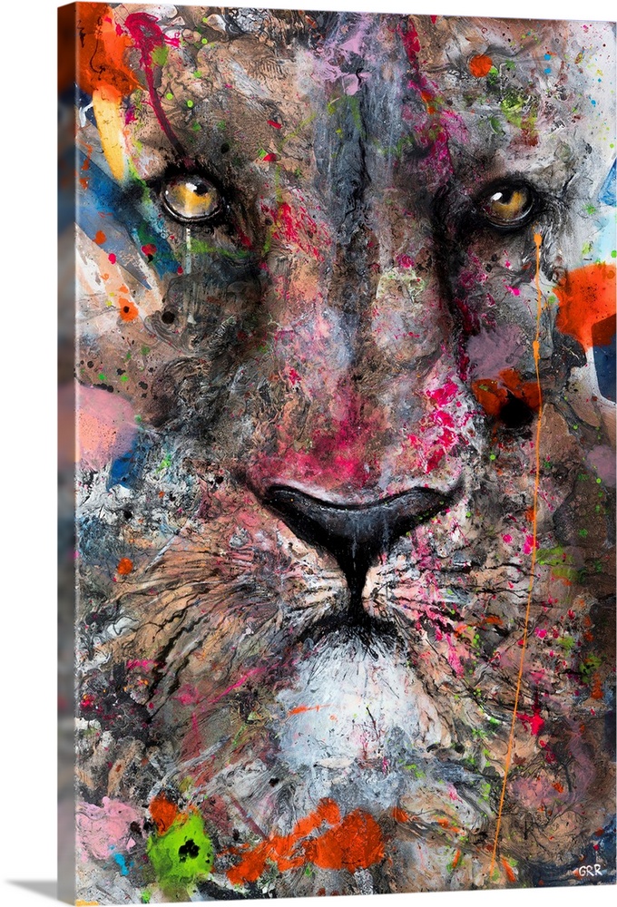 Illustration of a lion's face with colourful splashes