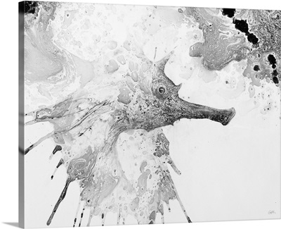 Illustration of a seahorse surrounded by splashes and mottled abstract