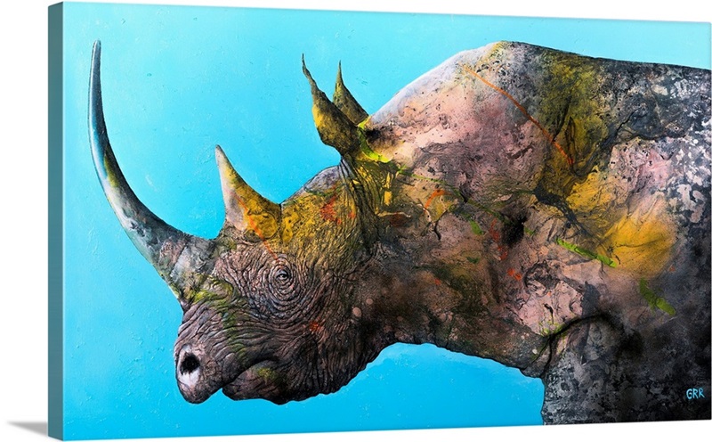 Illustration of a white rhinoceros against a blue background Wall Art