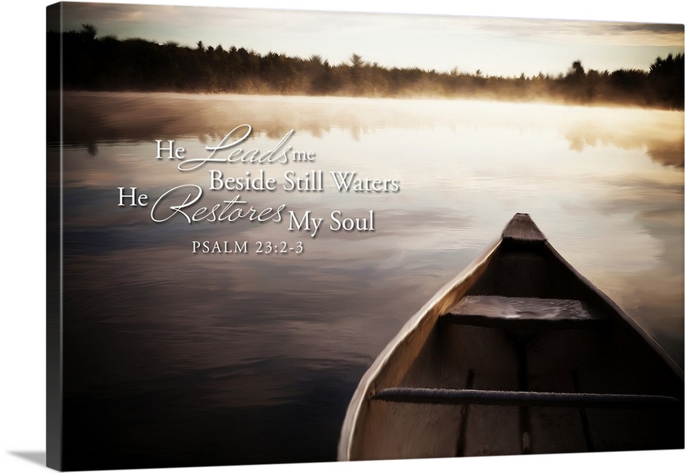 Image Of A Canoe On A Tranquil Lake With Fog At Sunrise And Scripture From Psalm 23:2-3