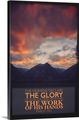 Image Of A Red Sky Over A Rugged Mountain Range With Scripture From Psalm 19:1