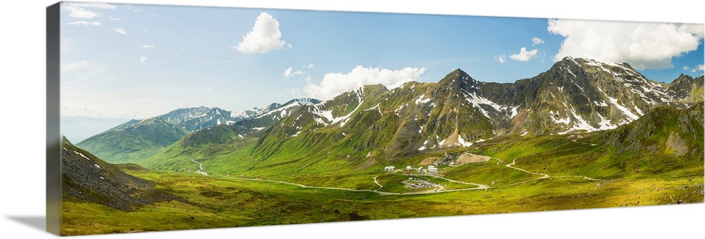 Panorama view of Independence Mine State Historical Park from Gold Cord Lake, Hatcher Pass, Alaska.