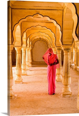 India, Rajasthan, Jaipur, Amber Fort Temple, Woman In Bright Pink